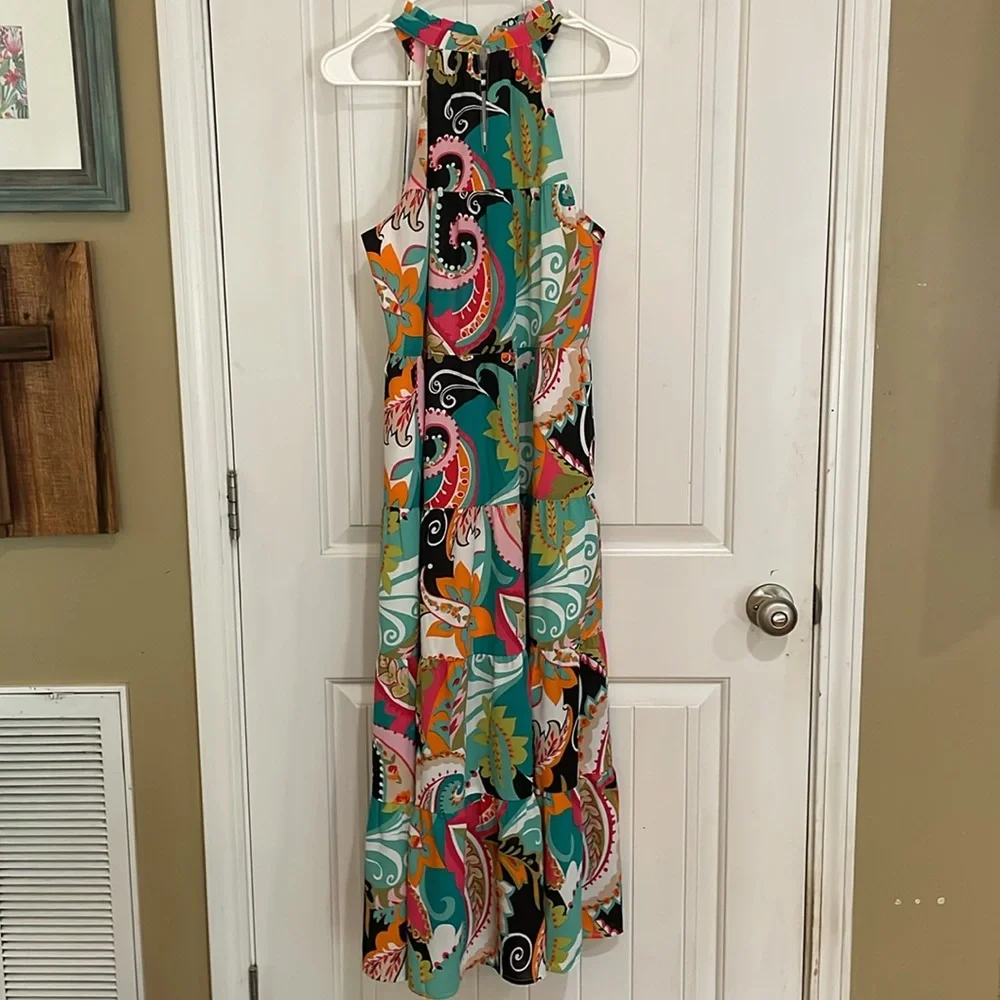 THML Colorful Patterned Maxi Dress size medium halter style no sleeves NWT - Picture 4 of 7